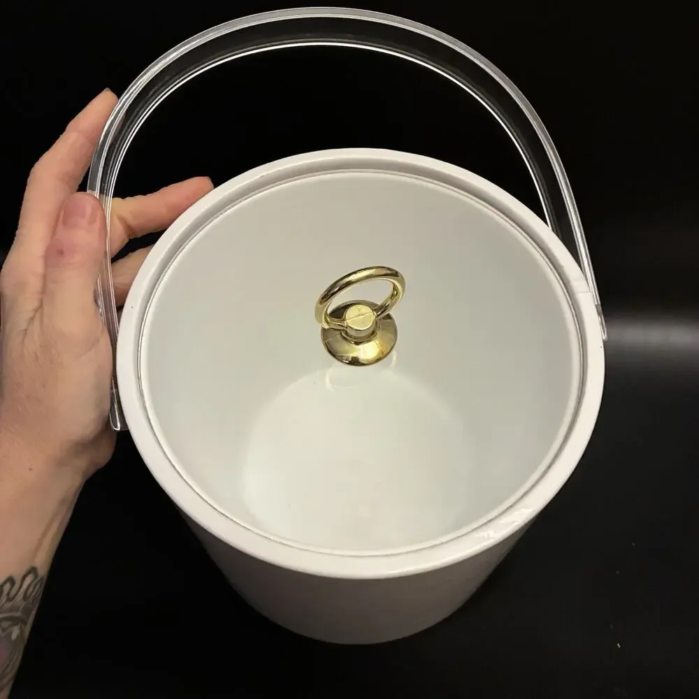 Vintage Sigma “The Tastesetter” White Ice Bucket Brass Lucite Handle & Lid USA